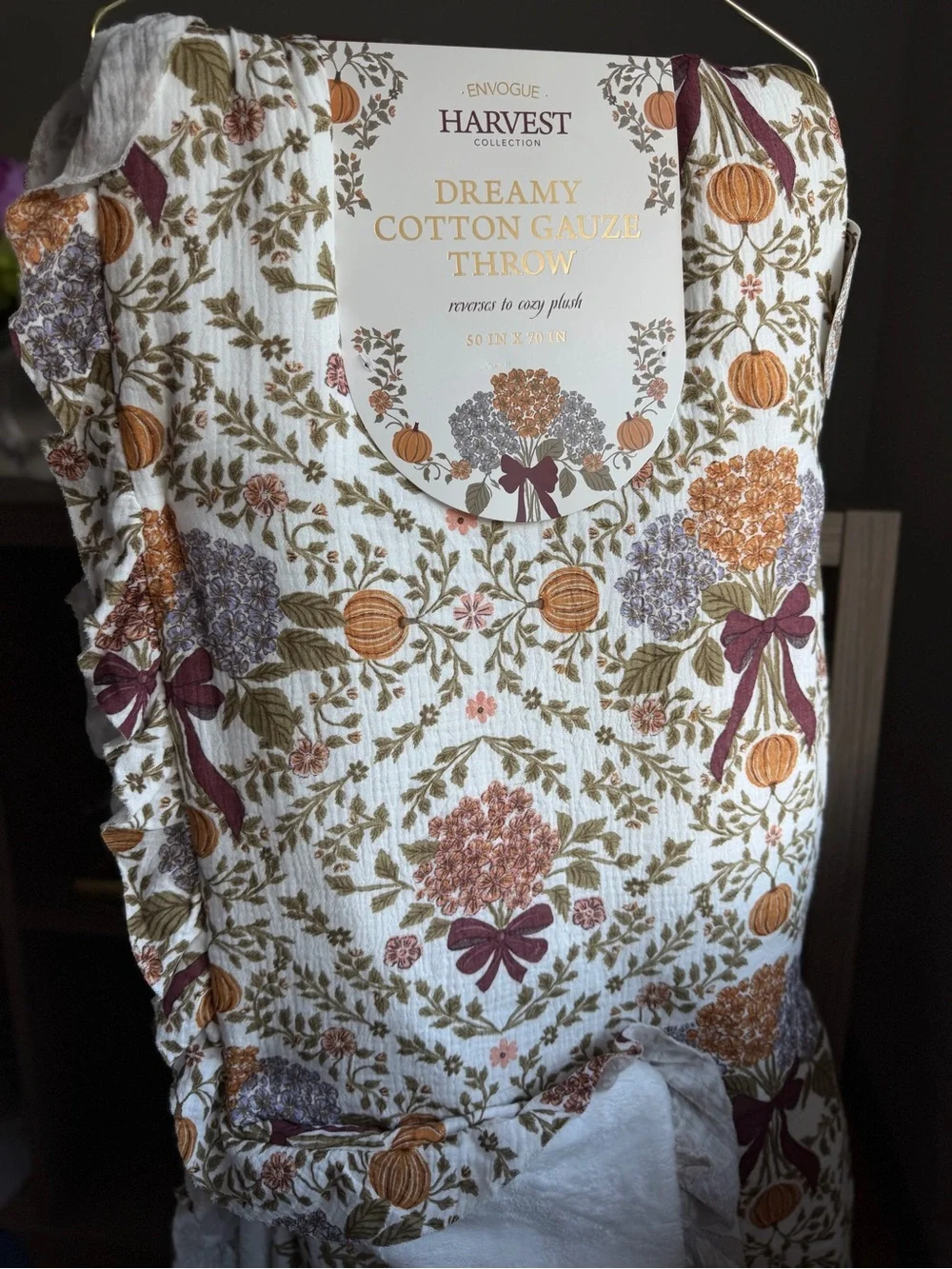 ENVOGUE Dreamy cotton gauze throw fall harvest pumpkin bows cottage core 50”x70